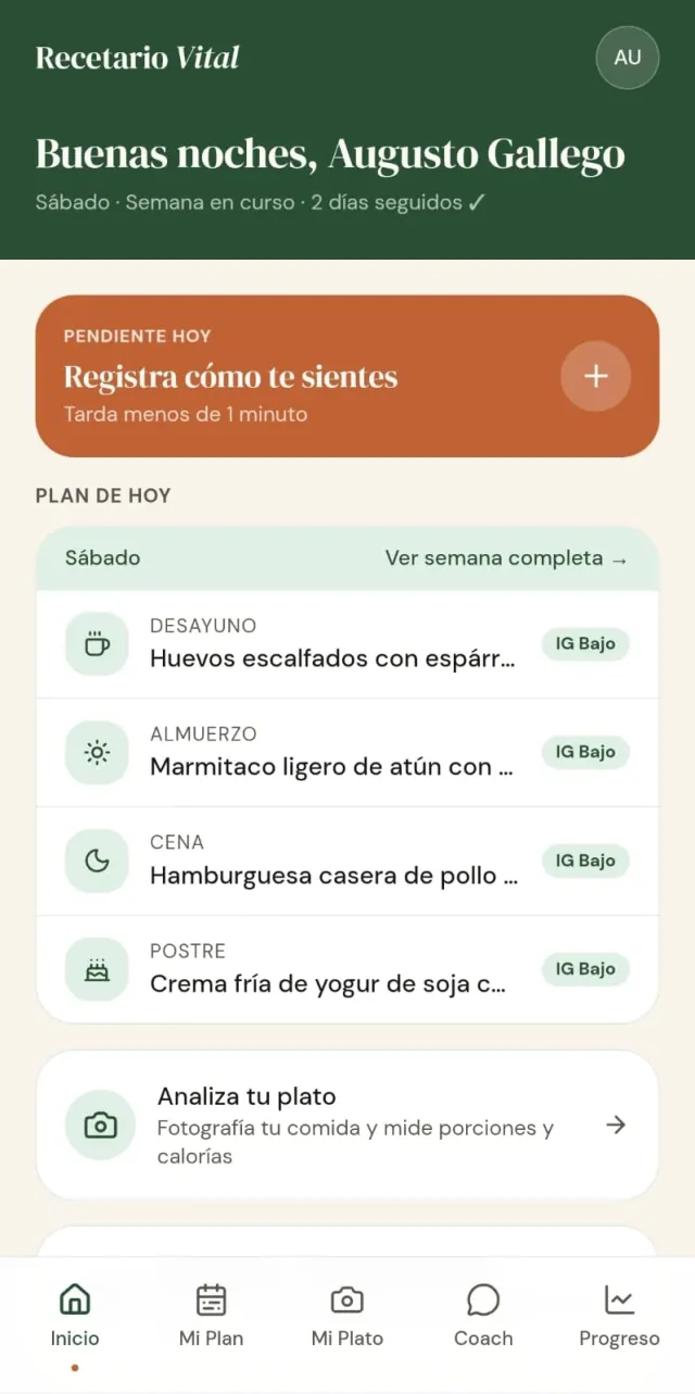 Pantalla de inicio de Recetario Vital App con el aviso para registrar cómo te sientes hoy
