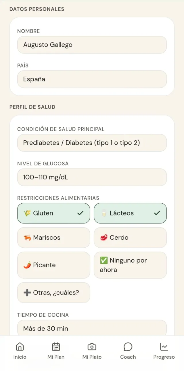 Pantalla de perfil de salud de Recetario Vital App con país, condición, nivel de glucosa y restricciones