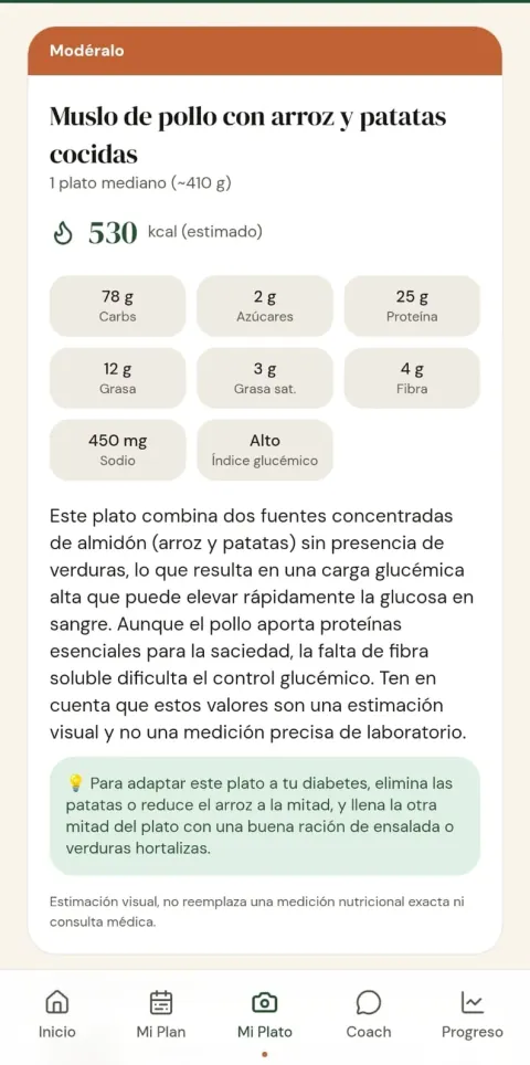 Resultado del análisis en Recetario Vital App: calorías, carbohidratos, índice glucémico y un consejo para adaptar el plato a tu condición