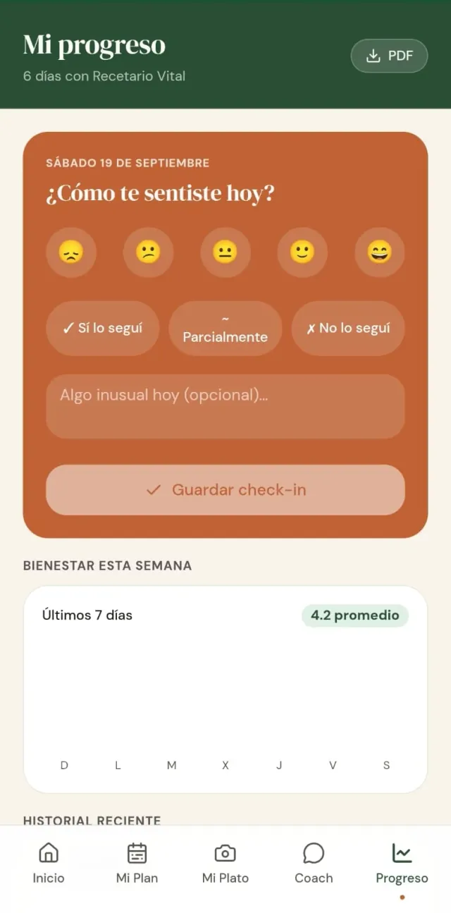 Pantalla Mi progreso de Recetario Vital App con el check-in del día y el botón para descargar el informe en PDF