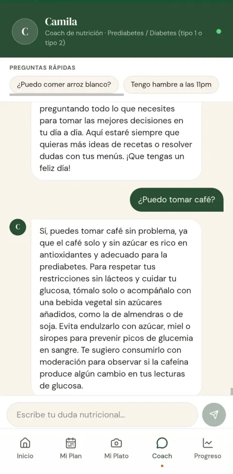 Chat con Camila, la coach de nutrición de Recetario Vital App